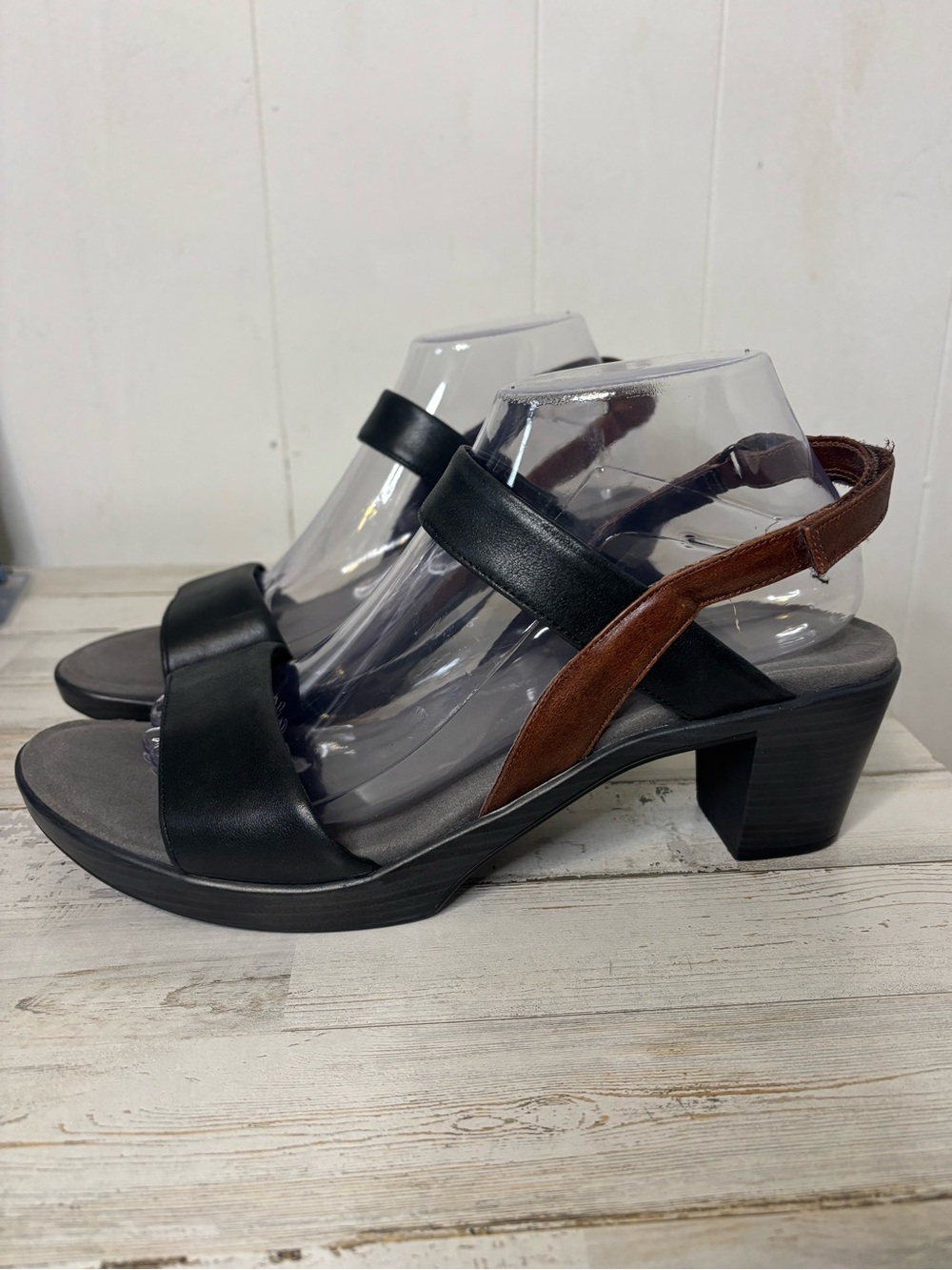 Naot Two-Tone Black and Brown Block Heel Sandals - Size 41